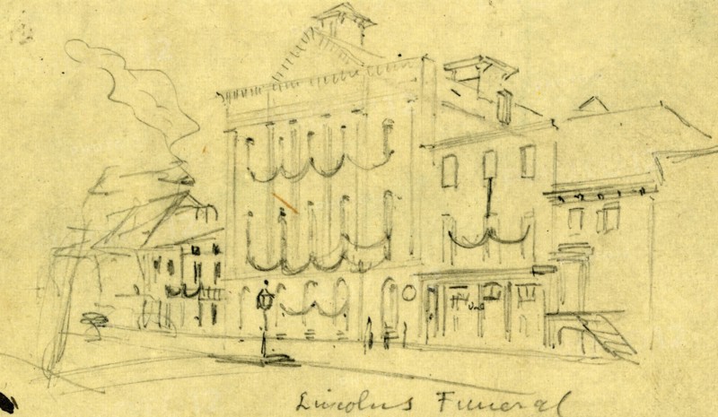 Lincoln's funeral, 1865 April, drawing on cream paper pencil, 6.0 x 10.9 cm. (sheet), 1862-1865, by Alfred R Waud, 1828-1891, an american artist famous for his American Civil War sketches, America, US