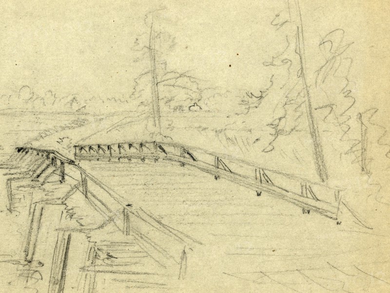 A bridge across a river, between 1860 and 1865, drawing on blue-grey paper pencil, 11.4 x 15.0 cm. (sheet), 1862-1865, by Alfred R Waud, 1828-1891, an american artist famous for his American Civil War sketches, America, US