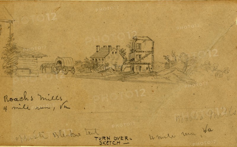 Roachs Mills. 4 mile run Va,  1861-1863, drawing, 1862-1865, by Alfred R Waud, 1828-1891, an american artist famous for his American Civil War sketches, America, US