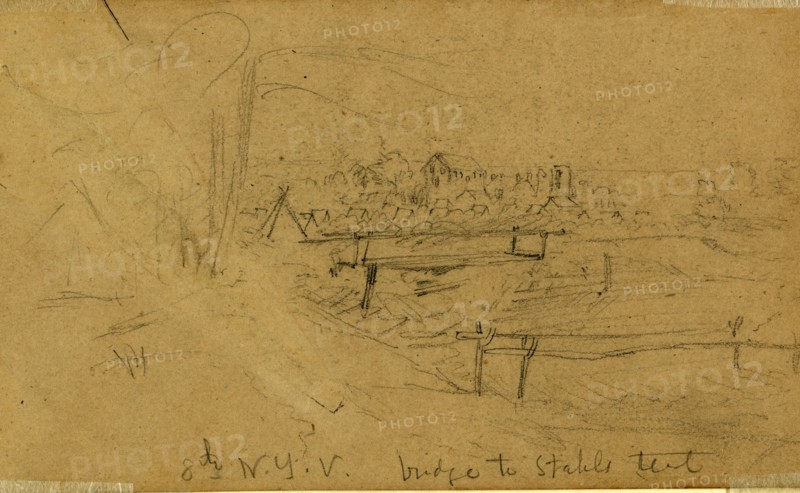 Encampment of 8th New York Volunteers, 1861, drawing, 1862-1865, by Alfred R Waud, 1828-1891, an american artist famous for his American Civil War sketches, America, US
