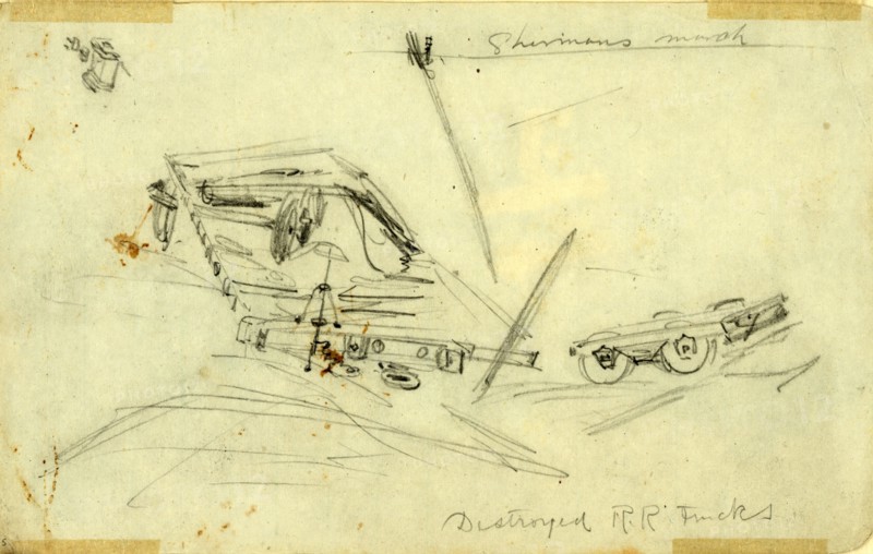 Shermans march. Destroyed R.R. Tracks, 1864 ca. November 15-December 21,, drawing, 1862-1865, by Alfred R Waud, 1828-1891, an american artist famous for his American Civil War sketches, America, US