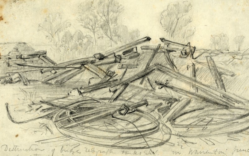 Destruction of bridge telegraph tanks Etc. in Warrenton Junction, 1863 ca August, drawing, 1862-1865, by Alfred R Waud, 1828-1891, an american artist famous for his American Civil War sketches, America, US