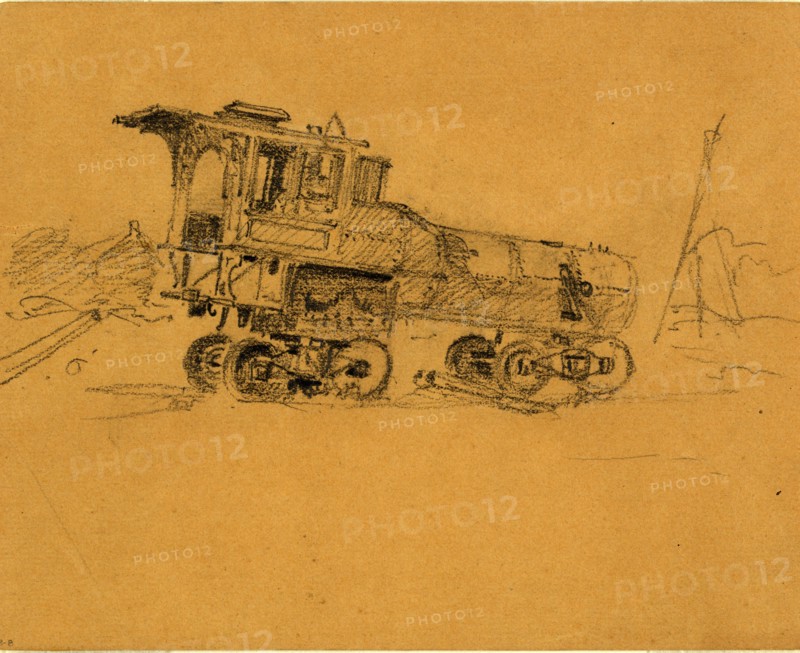Locomotive, 1860-1865, drawing, 1862-1865, by Alfred R Waud, 1828-1891, an american artist famous for his American Civil War sketches, America, US
