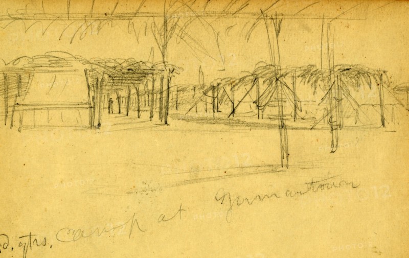Hd. qtrs. camp at Germantown, 1860-1865, drawing, 1862-1865, by Alfred R Waud, 1828-1891, an american artist famous for his American Civil War sketches, America, US