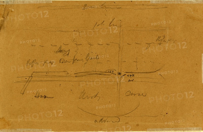 Map of battlefield, 1860-1865, drawing, 1862-1865, by Alfred R Waud, 1828-1891, an american artist famous for his American Civil War sketches, America, US