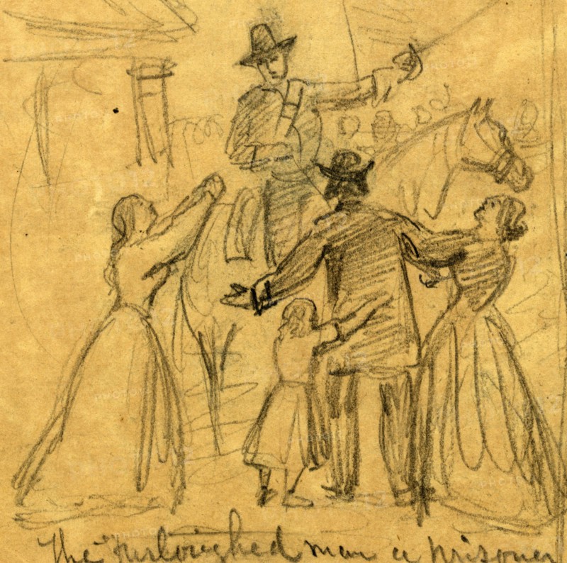 The furloughed man a prisoner, 1864 February-March, drawing, 1862-1865, by Alfred R Waud, 1828-1891, an american artist famous for his American Civil War sketches, America, US