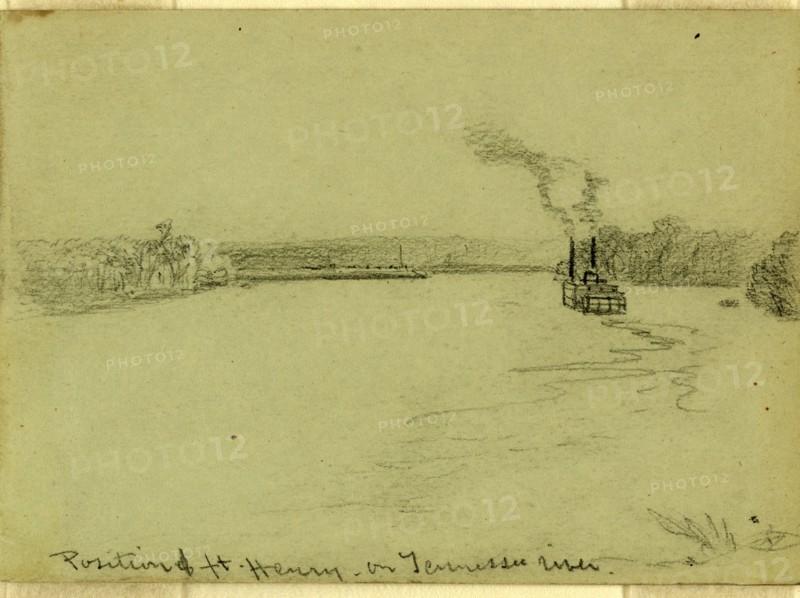 Position of ft. Henry on Tennessee River, 1862 ca. January-March, drawing, 1862-1865, by Alfred R Waud, 1828-1891, an american artist famous for his American Civil War sketches, America, US