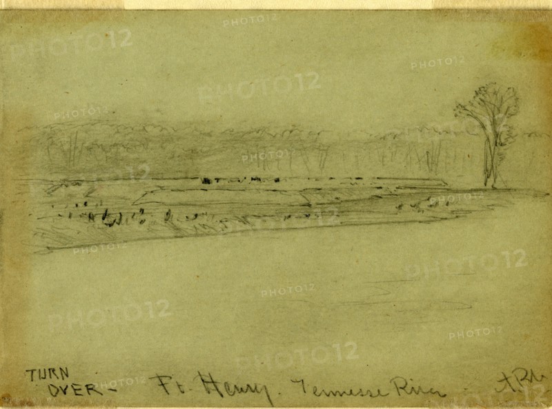 Ft. Henry. Tennessee River, 1862 ca. January-March, drawing, 1862-1865, by Alfred R Waud, 1828-1891, an american artist famous for his American Civil War sketches, America, US