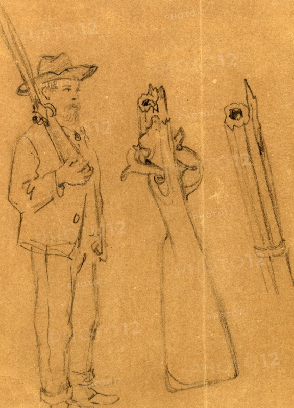 Full-length portrait of soldier with rifle and details of the weapon, 1860-1865, drawing, 1862-1865, by Alfred R Waud, 1828-1891, an american artist famous for his American Civil War sketches, America, US