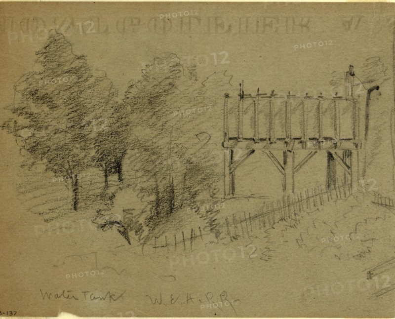 Water Tank, W.& A.R.R, 1860-1865, drawing, 1862-1865, by Alfred R Waud, 1828-1891, an american artist famous for his American Civil War sketches, America, US
