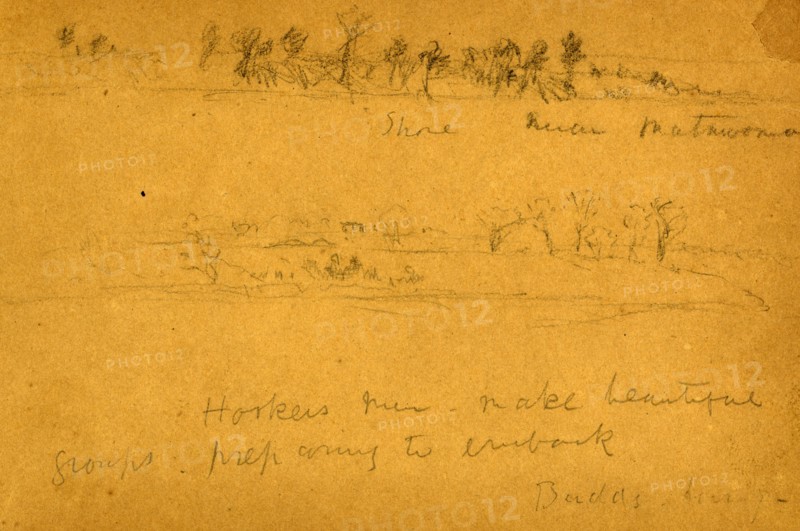 Shore near Matwomonsic and Hookers men make beautiful groups, preparing to embark, Budd's Ferry, 1861 October, drawing, 1862-1865, by Alfred R Waud, 1828-1891, an american artist famous for his American Civil War sketches, America, US