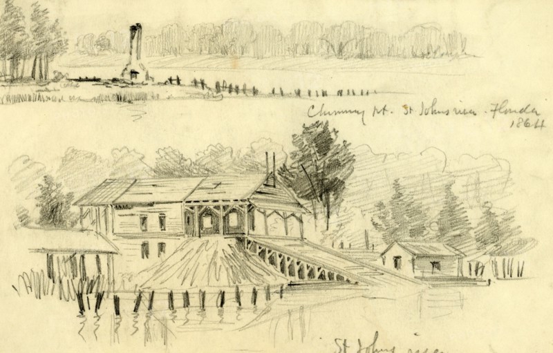 Chimney Pt. St. Johns river, Florida, 1864 and St Johns river, 1864, drawing, 1862-1865, by Alfred R Waud, 1828-1891, an american artist famous for his American Civil War sketches, America, US