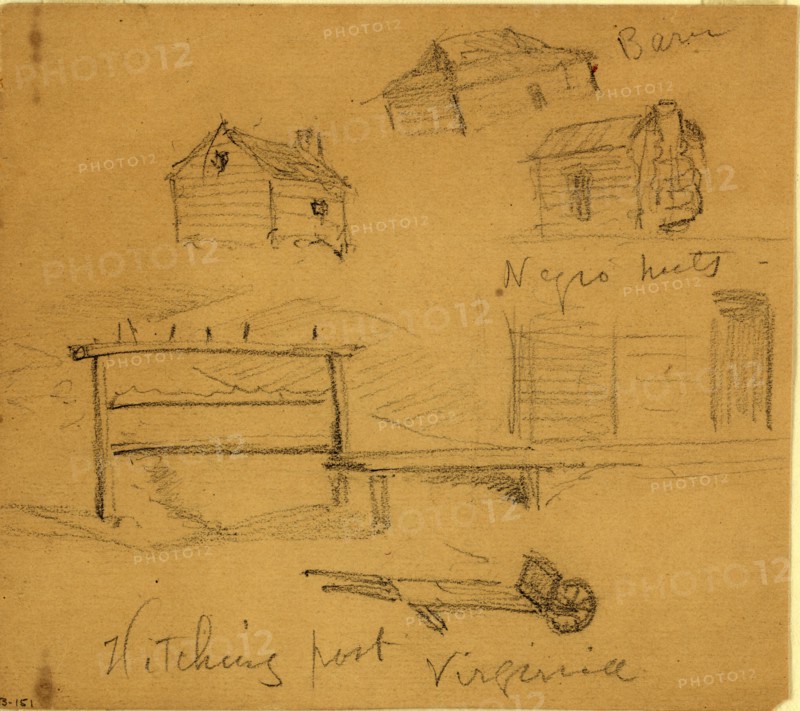 Hitching post, Virginia, 1860-1865, drawing, 1862-1865, by Alfred R Waud, 1828-1891, an american artist famous for his American Civil War sketches, America, US