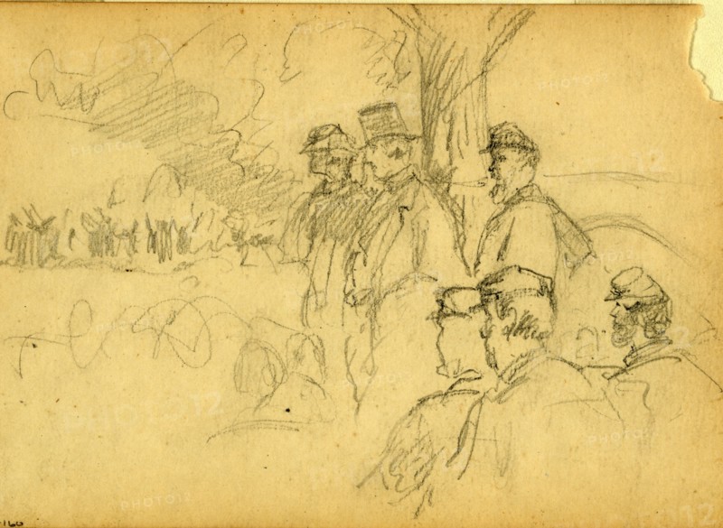 Officers and gentlemen watching a ceremony from a tree, 1861-1865, drawing, 1862-1865, by Alfred R Waud, 1828-1891, an american artist famous for his American Civil War sketches, America, US