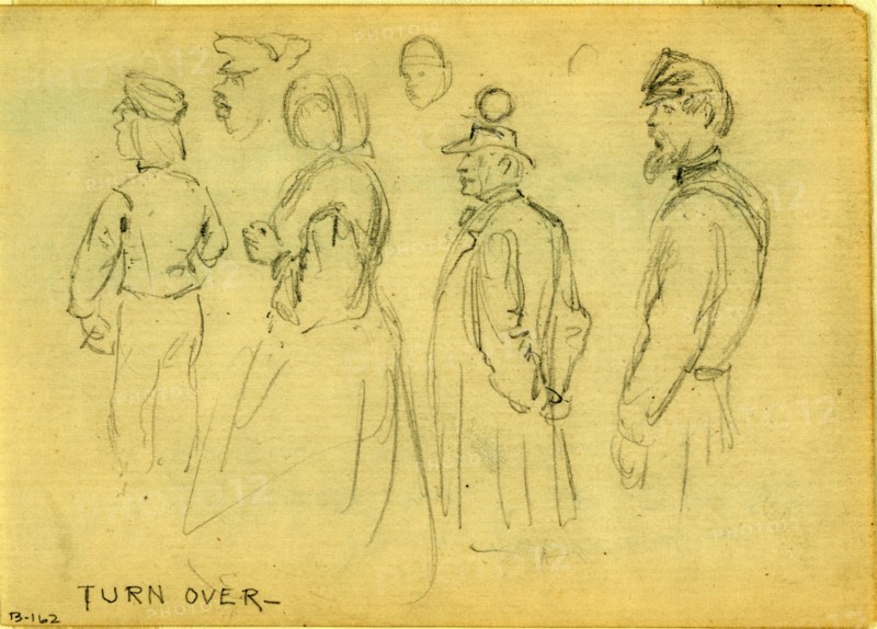 Studies of child, woman, gentleman, African American man & soldier, 1860-1865, drawing, 1862-1865, by Alfred R Waud, 1828-1891, an american artist famous for his American Civil War sketches, America, US
