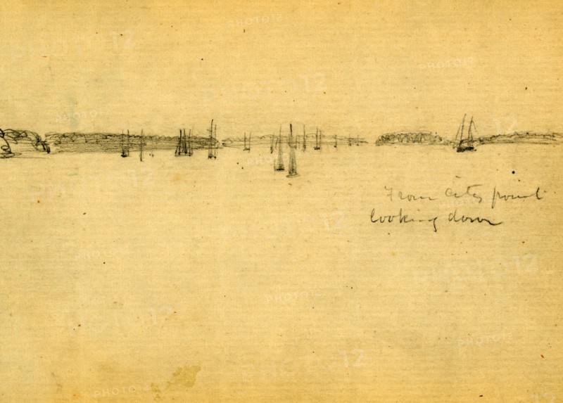 From city point, looking down, 1860-1865, drawing, 1862-1865, by Alfred R Waud, 1828-1891, an american artist famous for his American Civil War sketches, America, US