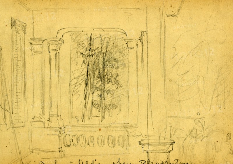Porch at Aldie, where Pleasontons staff slept, 1863 June 17, drawing, 1862-1865, by Alfred R Waud, 1828-1891, an american artist famous for his American Civil War sketches, America, US