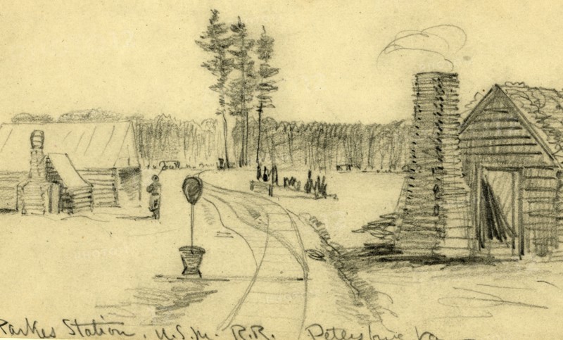 Parkes Station, U.S.M.R.R, Petersburg Va, 1860-1860, drawing, 1862-1865, by Alfred R Waud, 1828-1891, an american artist famous for his American Civil War sketches, America, US