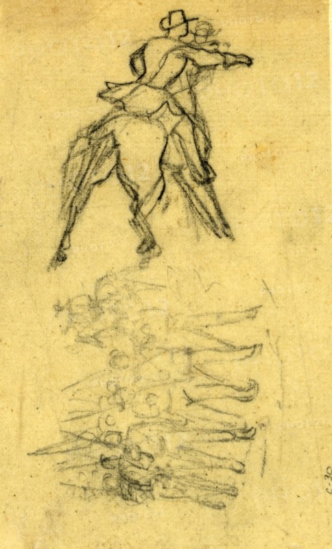 Two sketches: officer on horse and marching figures with rifles, between 1860 and 1865, drawing on tracing paper : pencil ; 10.4 x 6.2 cm. (sheet), 1862-1865, by Alfred R Waud, 1828-1891, an american artist famous for his American Civil War sketches, America, US