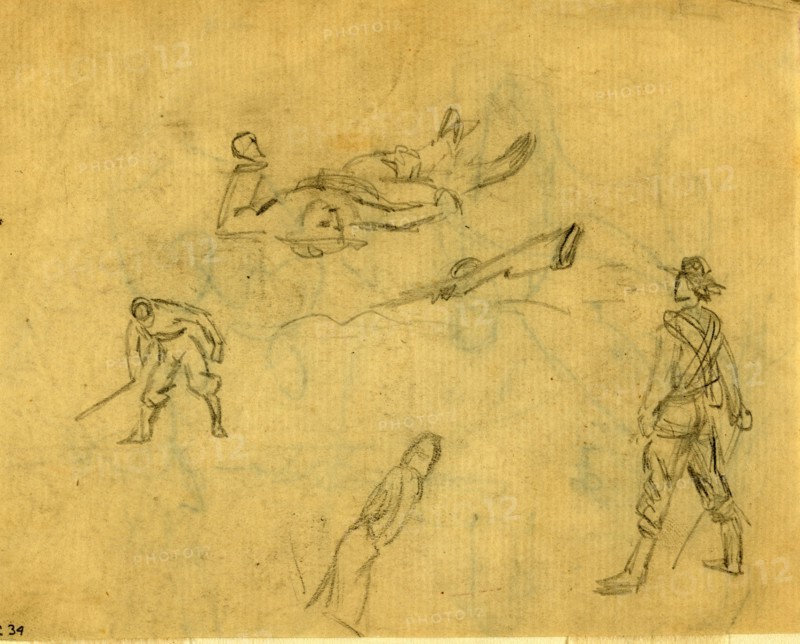 Studies of soldiers in various positions, 1860-1865, drawing, 1862-1865, by Alfred R Waud, 1828-1891, an american artist famous for his American Civil War sketches, America, US