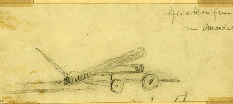 Quaker gun in Annandale, 1863 ca. October, drawing on white paper : pencil ; 7.1 x 17.5 cm. (sheet), 1862-1865, by Alfred R Waud, 1828-1891, an american artist famous for his American Civil War sketches, America, US
