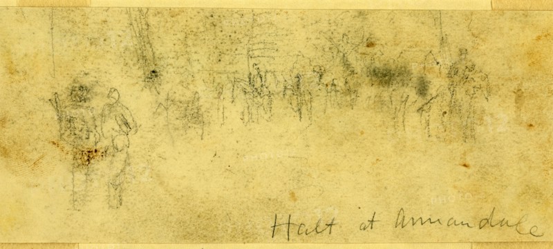 Halt at Annandale, 1863 ca. October, drawing on white paper : pencil ; 7.1 x 17.5 cm. (sheet), 1862-1865, by Alfred R Waud, 1828-1891, an american artist famous for his American Civil War sketches, America, US