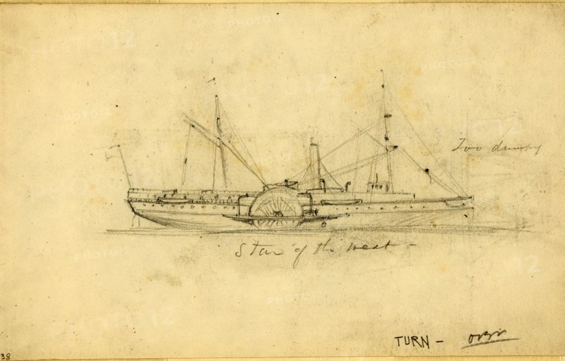 Star of the West, between 1860 and 1865, drawing on white paper : pencil ; 10.3 x 17.1 cm. (sheet), 1862-1865, by Alfred R Waud, 1828-1891, an american artist famous for his American Civil War sketches, America, US