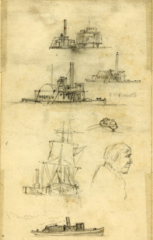 Broadside and bow views of eight ships and boats, and an unidentified profile bust portrait, between 1860 and 1865, drawing on white paper, pencil, 17.1 x 10.3 cm. (sheet), 1862-1865, by Alfred R Waud, 1828-1891, an american artist famous for his American Civil War sketches, America, US