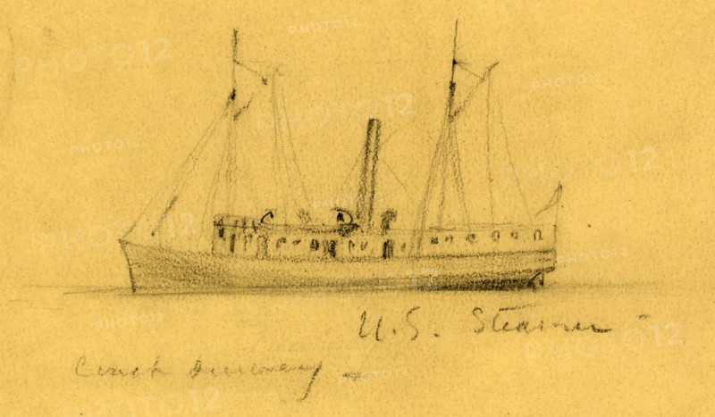 U.S. Steamer, between 1860 and 1865, drawing on tan paper, pencil, 8.3 x 14.7 cm. (sheet), 1862-1865, by Alfred R Waud, 1828-1891, an american artist famous for his American Civil War sketches, America, US
