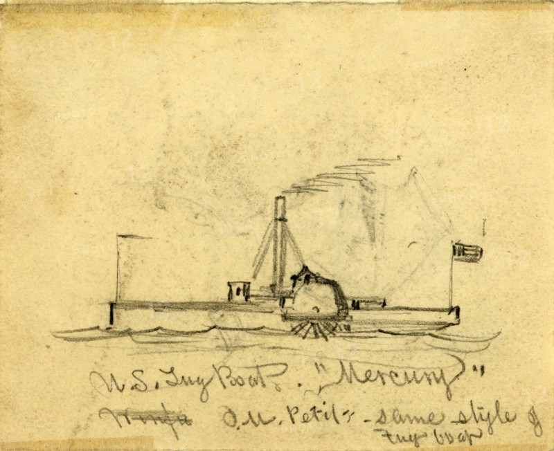 U.S. Tug Boat Mercury, between 1860 and 1865, drawing on cream paper pencil, 8.3 x 10.4 cm. (sheet), 1862-1865, by Alfred R Waud, 1828-1891, an american artist famous for his American Civil War sketches, America, US