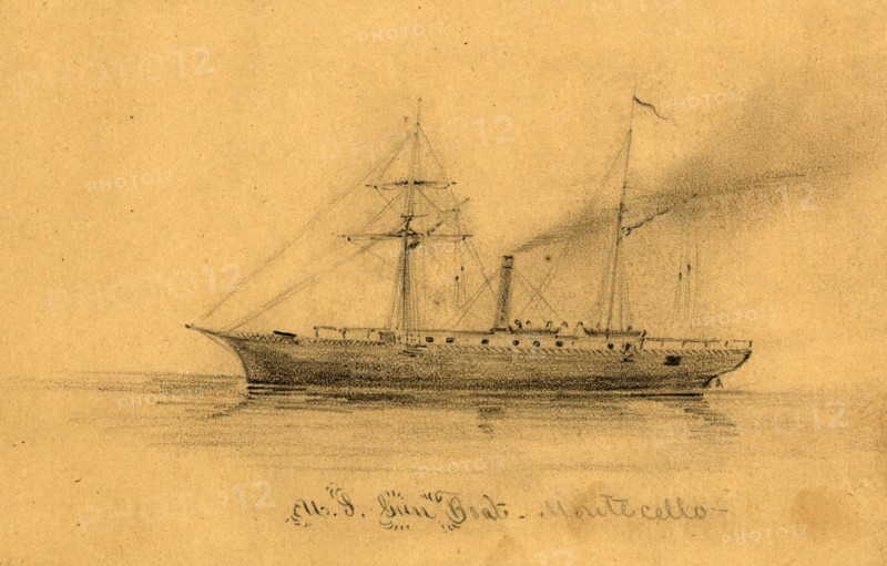 U.S. Gun Boat Montecello, between 1860 and 1865, drawing on tan paper pencil, 8.5 x 13.7 cm. (sheet), 1862-1865, by Alfred R Waud, 1828-1891, an american artist famous for his American Civil War sketches, America, US