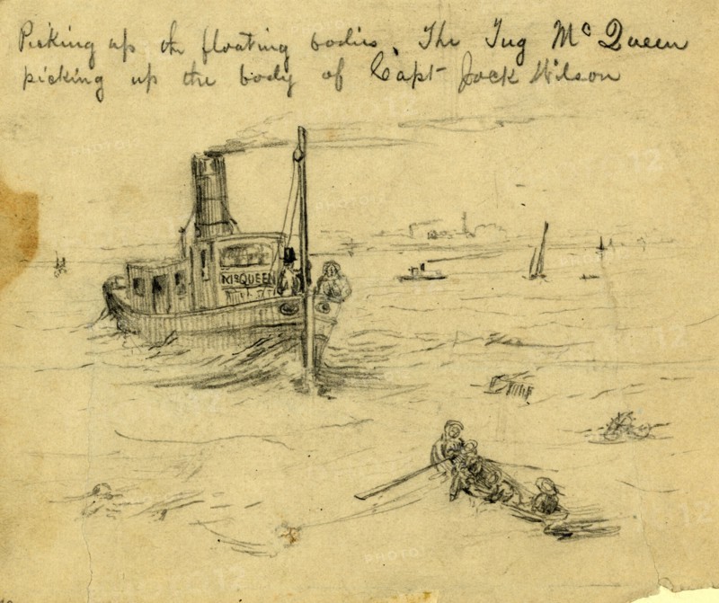 Picking up the floating bodies. The Tug McQueen picking up the body of Capt. Jack Wilson, between 1860 and 1865, drawing on cream paper pencil, 11 x 13.3 cm. (sheet), 1862-1865, by Alfred R Waud, 1828-1891, an american artist famous for his American Civil War sketches, America, US