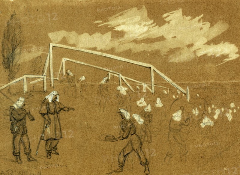 Jersey troops breaking the ground for a fort to defend Washington, on Virginia soil near the long bridge, 1861, drawing, 1862-1865, by Alfred R Waud, 1828-1891, an american artist famous for his American Civil War sketches, America, US