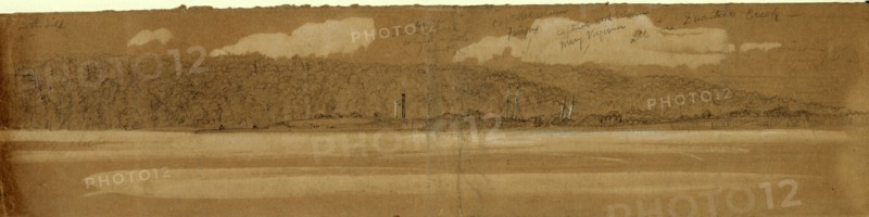 Captured schooners Fairfax and Mary Virginia in Quantico Creek, between 1860 and 1865, drawing on tan paper pencil and Chinese white, 8.6 x 38.1 cm. (sheet), 1862-1865, by Alfred R Waud, 1828-1891, an american artist famous for his American Civil War sketches, America, US
