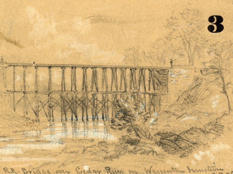 R.R. bridge over Cedar Run in Warrenton Junction, between 1860 and 1865, drawing on tan paper pencil and Chinese white, 7.8 x 10.6 cm. (sheet), 1862-1865, by Alfred R Waud, 1828-1891, an american artist famous for his American Civil War sketches, America, US