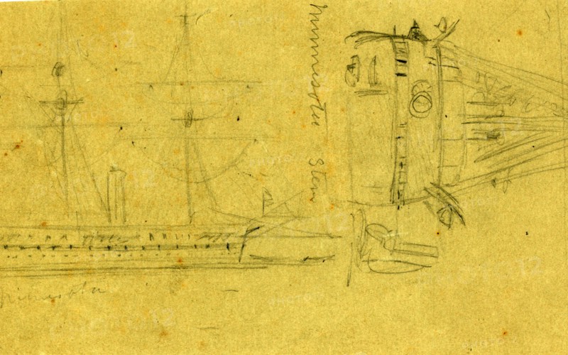 Broadside and stern views of steamship Minnesota, between 1860 and 1865, drawing on olive paper pencil, 12.1 x 19.9 cm. (sheet), 1862-1865, by Alfred R Waud, 1828-1891, an american artist famous for his American Civil War sketches, America, US