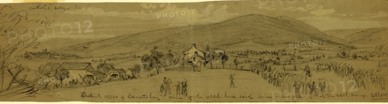 Distant view of Emmettsburg,  scene of the rebel horse raid; Union soldiers following up the rebel army, between 1860 and 1865, drawing on olive paper pencil and Chinese white, 8.5 x 35.1 cm. (sheet), 1862-1865, by Alfred R Waud, 1828-1891, an american artist famous for his American Civil War sketches, America, US
