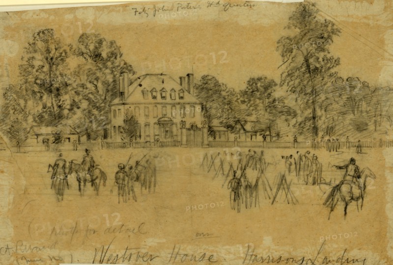 Fitz-John Porter's Hdquarters, 1862 July, drawing on tan tissue mounted on white card pencil, 19.4 x 30.4 cm. (sheet), 1862-1865, by Alfred R Waud, 1828-1891, an american artist famous for his American Civil War sketches, America, US