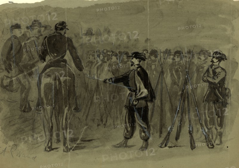 Surrender of the revolting Garibaldi Guards to the U.S. Cavalry, 1861 June 8, drawing, 1862-1865, by Alfred R Waud, 1828-1891, an american artist famous for his American Civil War sketches, America, US