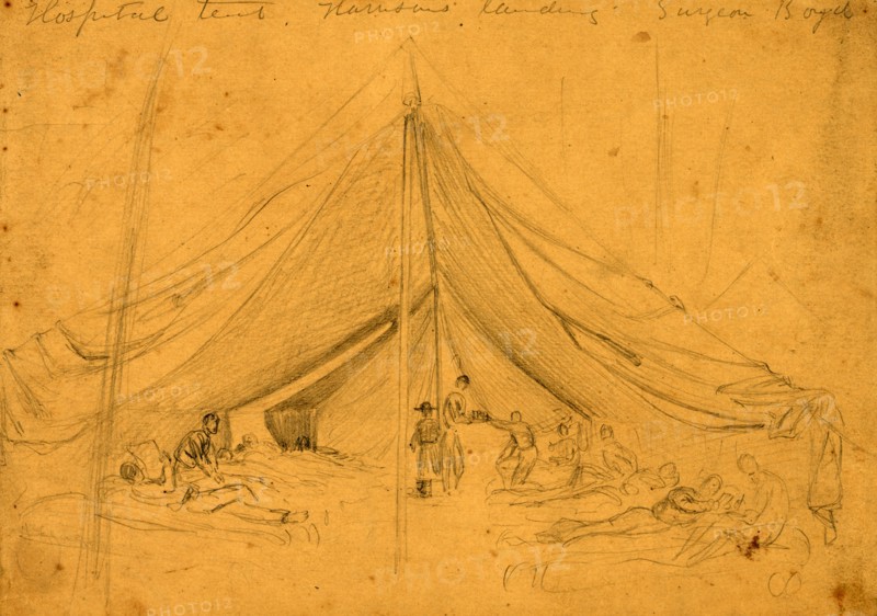 Hospital tent, Harrisons landing, Surgeon Boyd, 1862, drawing on tan paper pencil, 18.2 x 26.5 cm. (sheet), 1862-1865, by Alfred R Waud, 1828-1891, an american artist famous for his American Civil War sketches, America, US
