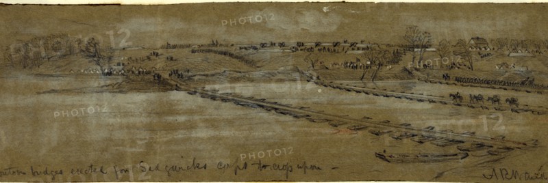 Pontoon bridges erected for Sedgwicks corps to cross upon, 1863, drawing on olive paper pencil and Chinese white, 10.6 x 35.0 cm. (sheet), 1862-1865, by Alfred R Waud, 1828-1891, an american artist famous for his American Civil War sketches, America, US