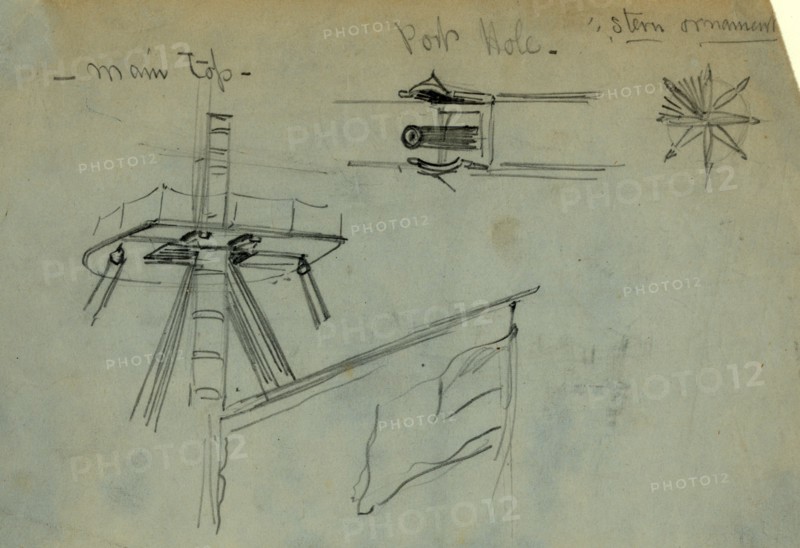 Three details of ship design, between 1860 and 1865, drawing on blue paper pencil, 13.6 x 20.6 cm. (sheet), 1862-1865, by Alfred R Waud, 1828-1891, an american artist famous for his American Civil War sketches, America, US
