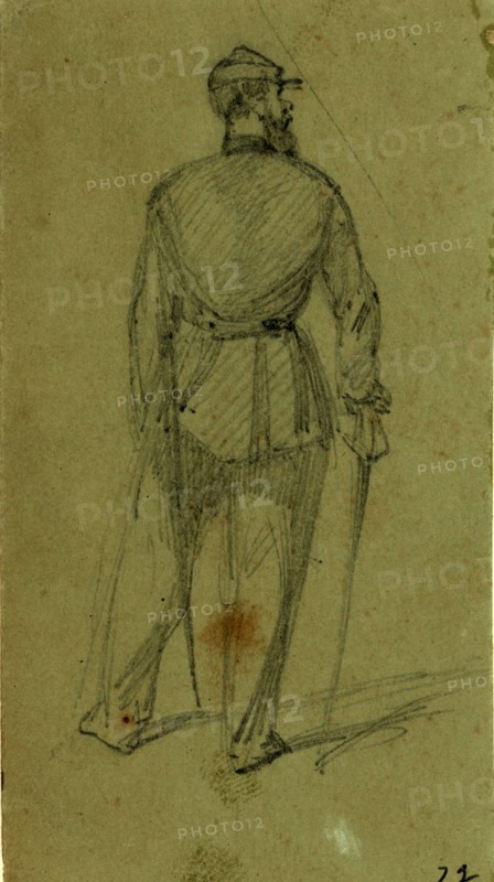 Single figure in uniform, seen from the rear, between 1860 and 1865, drawing on olive paper pencil, 10.5 x 5.6 cm. (sheet),  1862-1865, by Alfred R Waud, 1828-1891, an american artist famous for his American Civil War sketches, America, US