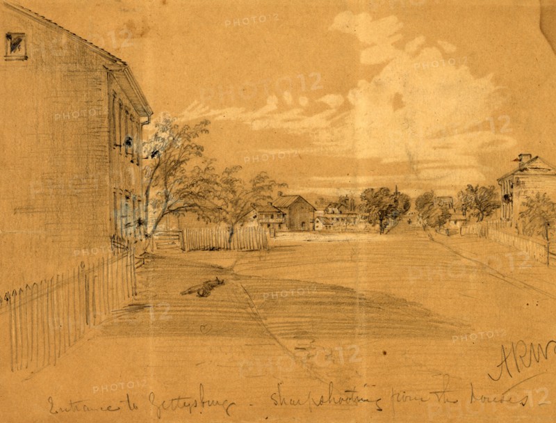 Entrance to Gettysburg, sharpshooting from the houses, 1863 July, drawing on light brown paper, pencil and Chinese white, 17.8 x 24.1 cm. (sheet), 1862-1865, by Alfred R Waud, 1828-1891, an american artist famous for his American Civil War sketches, America, US
