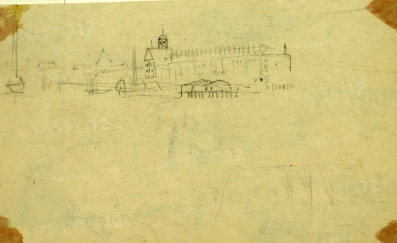 Unidentified city view, capitol done in distance, between 1860 and 1865, drawing on cream paper pencil, 14.2 x 23.9 cm. (sheet), 1862-1865, by Alfred R Waud, 1828-1891, an american artist famous for his American Civil War sketches, America, US