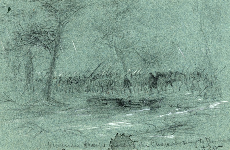 Sumners troops crossing the Chickahominy to Fair Oaks, 1862 May 31, drawing on blue paper pencil and Chinese white, 15.7 x 25.0 cm. (sheet), 1862-1865, by Alfred R Waud, 1828-1891, an american artist famous for his American Civil War sketches, America, US