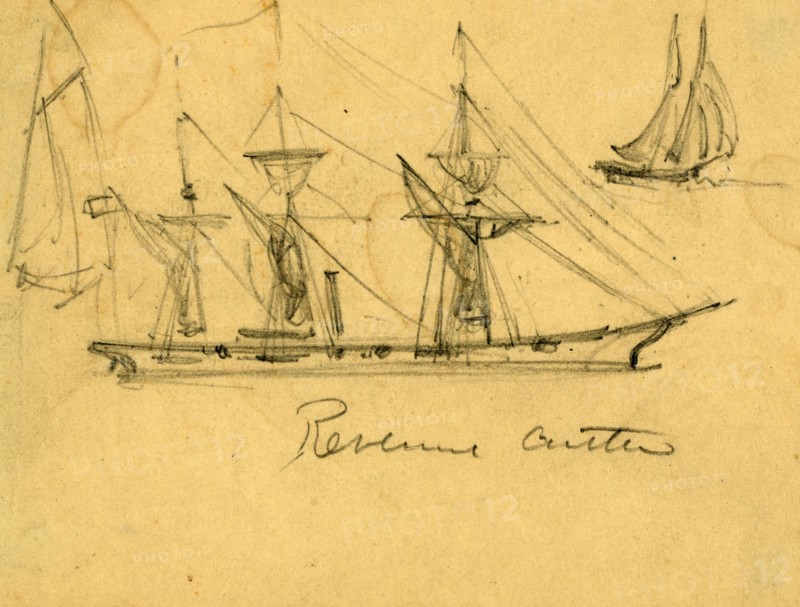 Revenue cutter, between 1860 and 1865, drawing on cream paper pencil, 8.8 x 11.8 cm. (sheet),  1862-1865, by Alfred R Waud, 1828-1891, an american artist famous for his American Civil War sketches, America, US