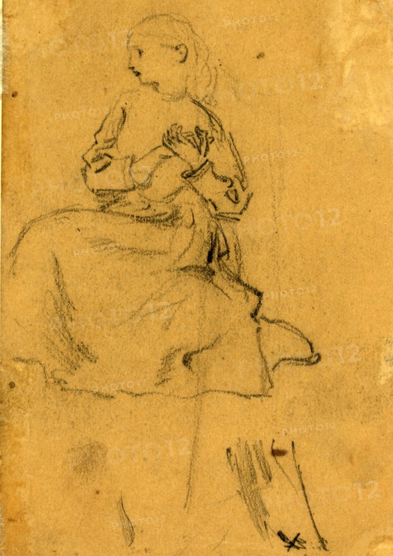 Young girl with clasped hands, between 1860 and 1865, drawing on brown paper pencil, 14.0 x 8.9 cm. (sheet),  1862-1865, by Alfred R Waud, 1828-1891, an american artist famous for his American Civil War sketches, America, US