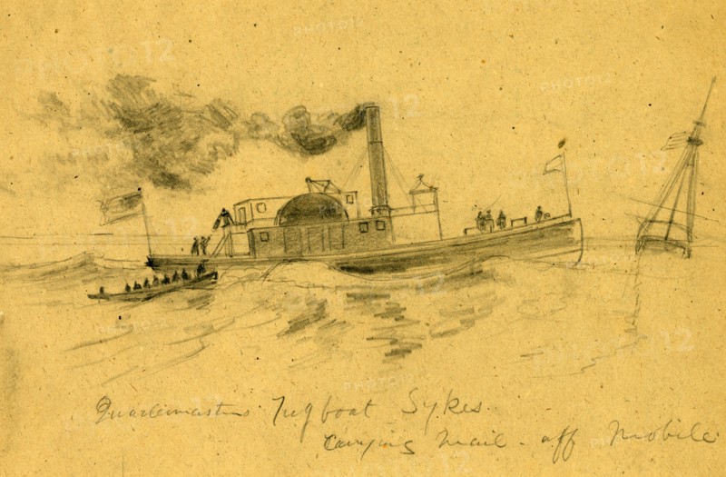 Quartermasters Tugboat Sykes, carrying mail off Mobile, between 1860 and 1865, drawing on tan paper pencil, 19.7 x 30.7 cm. (sheet),  1862-1865, by Alfred R Waud, 1828-1891, an american artist famous for his American Civil War sketches, America, US