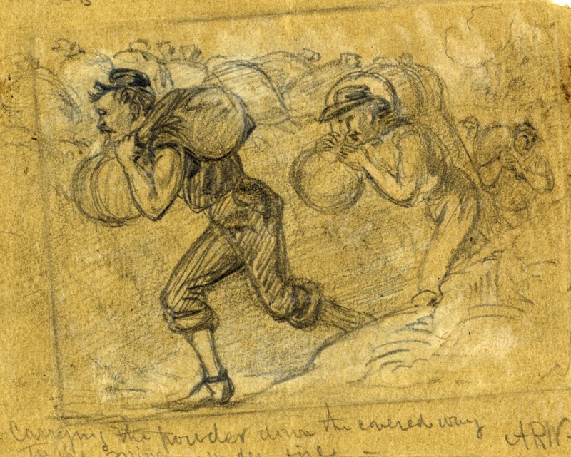 Carrying the powder down the covered way to the mine under fire, 1864 ca. July 30, drawing on green paper pencil and Chinese white 10.9 x 13.6 cm. (sheet),  1862-1865, by Alfred R Waud, 1828-1891, an american artist famous for his American Civil War sketches, America, US